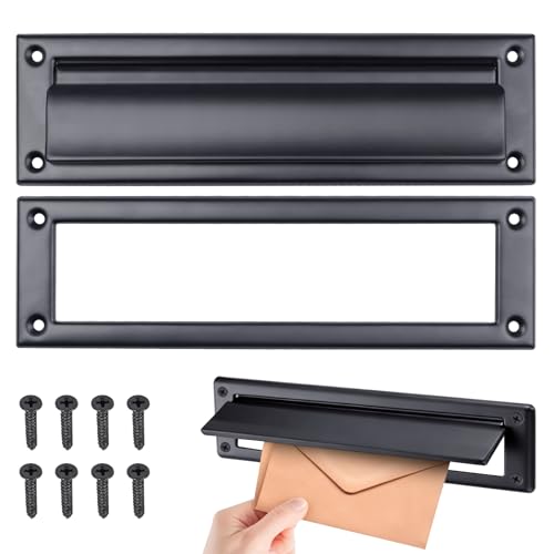 Qlvily 13-Inch Stainless Steel Mail Slot for Front Door – Includes Cover & Mounting Screws, Black (13' x 3.7'), 1 Pack
