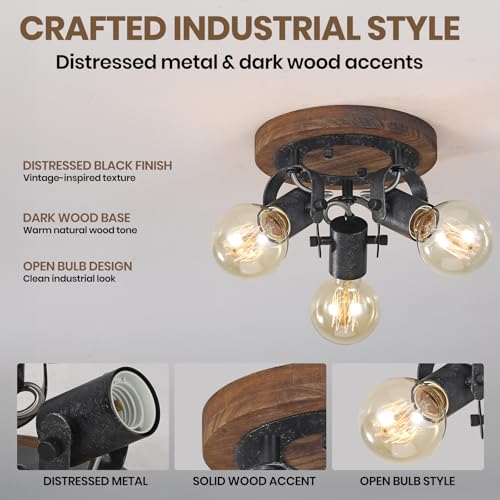 Image of Farmhouse Ceiling Light Fixture with Wood Base, 3-Light Adjustable Industrial Track Lighting, Rustic Black Metal Spotlight Ceiling Lights for Kitchen Bedroom Hallway