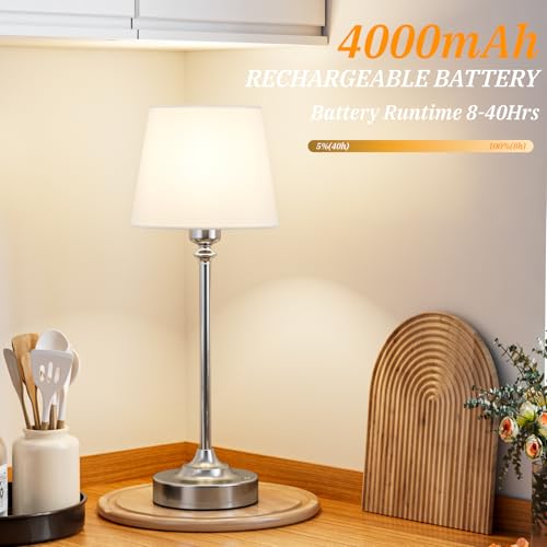 Image of Kakanuo Cordless Table Lamps Rechargeable Set - 2 Pack Silver 4000mAH Battery Operated Lamps for Decor, 3000K Stepless Dimming Touch Wireless Lamp for Bedroom, Dining Table, Living Room, White Shade