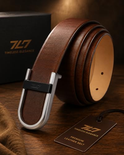 Image of GIL Brown Leather Belt for Men, Men's 34mm Profile Leather Belt with Signature Buckle, Casual and Formal Wear