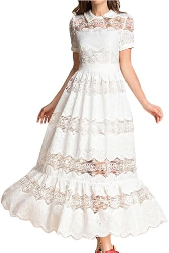 Women's White Dress Short Sleeve Hollow Out Maxi Dress Vintage Embroidery Summer Long Dress Casual Elegant Gown for Parties(Medium)