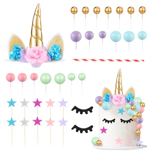 Yamitora Einhorn Tortendeko 32 Stück Kuchen Topper Set 3D Einhorn Kuchen Topper Einhorn Niedlich Horn Ohren und Wimpern Kuchen Torte Deko für Party Supplies Geburtstag Hochzeit Weihnachten