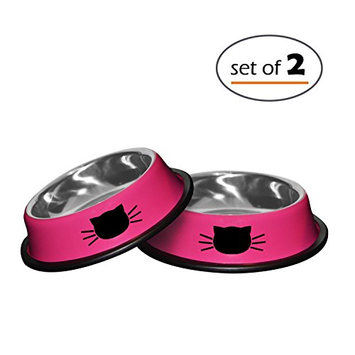 Petfuren Cat Bowl Set Non-Skid Stainless Steel Cat Dish 8 Ounce with Pink Color and Cute Cat Face for Pet Food and Water Bowl, Set of 2