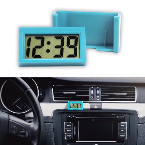 Small Electronic Dashboard Car Time Clock Self-Adhesive Mini Car Electronic Clock, Simple Car Accessories LCD Screen Home Digital Display Clock with Stand for Car, Office (Blue)