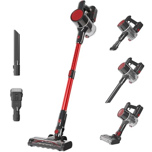 Image of DUMOS Cordless Vacuum Cleaner, Lightweight Rechargeable Upright Vacuum with Flexible Steering, Extendable Pole, LED Light, 3 Brush Heads & Wall Mount, Ideal for Hardwood Floors & Household Cleaning