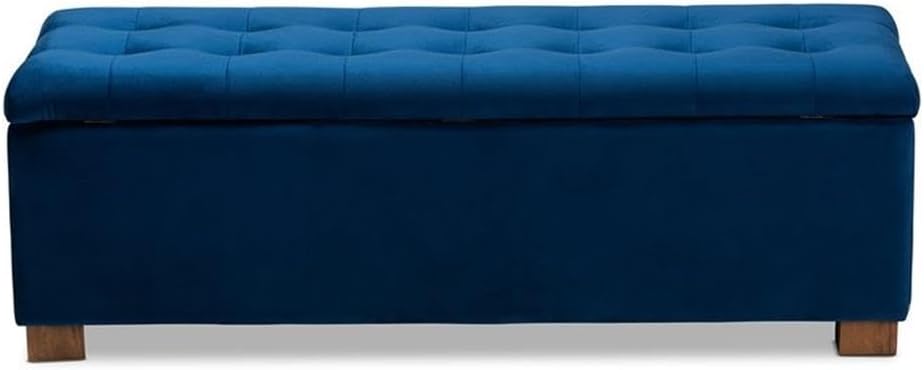 BOWERY HILL Navy Blue Velvet Upholstered Storage Ottoman Bench, 46 in Wide, Solid Rubberwood with MDF, Walnut Brown Legs, Grid-Tufted Lift-Top, Living Room or Bedroom Seating and Storage