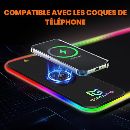 Gimars Tapis Souris RGB Gaming avec Charge sans Fil Rapide 15W, Grand Tapis Souris LED avec 10 Modes d'Éclairage, Surface Lisse de Qualité Supérieure, Antidérapant pour Gamer, Bureaux, PC, Bureau – vue 9