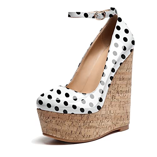 AUMOTED Women Polka Dots Wedge High Heels Pumps Platform Round Toe Pumps Ankle Strap 6.3 Inch Wedge High Heels for Party Evening Dress Shoes Patent US Size 12