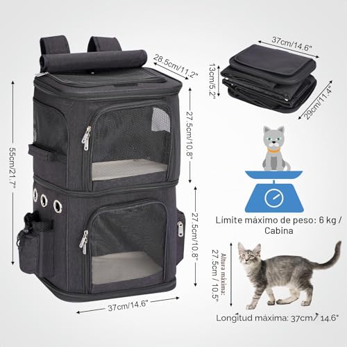 Miniatura 6 de Fasnati Mochila Transportadora De Mascotas De Doble Compartimento, Mochila Transportadora Para Gatos Para 2 Gatos, Perros Pequeños Y Conejos, Perfecta Para Viajes, Senderismo, Camping, Color Negro