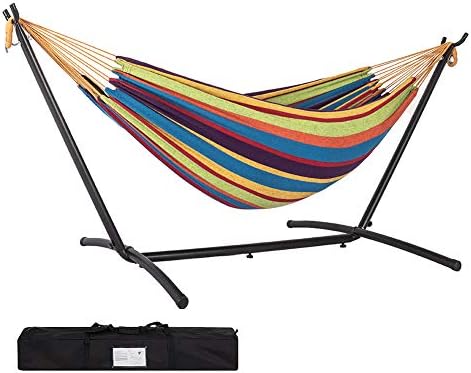 Prime Garden Cotton Rope Hammock with Space Saving Steel Hammock Stand, 2 Person Double Freestanding Hammock with Carry Bag for Outdoor Patio Yard Backyard 450 lb Capacity (Elegant Rainbow Stripe)