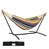Prime Garden 9' Double Hammock with Space Saving Steel Hammock Stand (Elegant Rainbow Stripe)