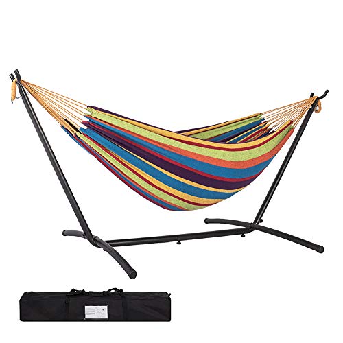 Prime Garden Cotton Rope Hammock With Space Saving Steel Hammock Stand, 2 Person Double Freestanding Hammock With Carry Bag For Outdoor Patio Yard Backyard 450 Lb Capacity (Elegant Rainbow Stripe) #TOP16