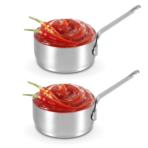 3.38oz Stainless Steel Condiment Sauce Cups, 2 PCS Reusable Metal Ramekins with Handle, Salad Dressing Container Mini Dipping Condiment Bowls Individual Portion Pudding Cups from Marinade Sushi Snack