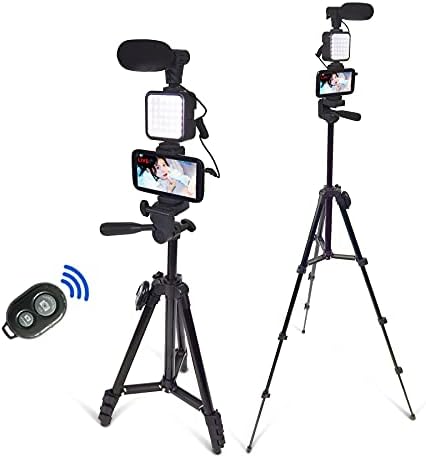 Smartphone Video Kit, Vlogging Kit, Youtuber Kit, with Microphone Light Tripod 50" Extendable Phone Clip Remote Control Compatible with iPhone/Smartphone/Cameras