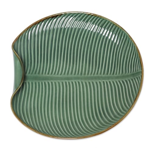 NOVICA 327813 Leaf and Tree Ceramic Food Safe Platter, Green, 'Banana Brunch Vibes Serving Plate