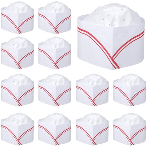 YOSADIER Lot de 20 Toques de Chef Jetables en Papier Blanc Bord Rouge, Taille Ajustable et Trous D'aération, pour Événements à Thème ou Pique-niques