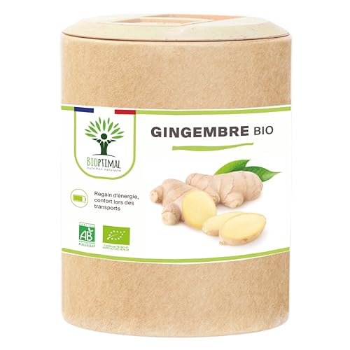 Gingembre Bio - Bioptimal - Complément alimentaire - Energie Mal des transports Digestion Sexualité - Poudre de Racine - 270 mg par Gélule - Fabriqué en France - Certifié par Ecocert - 200 gélules