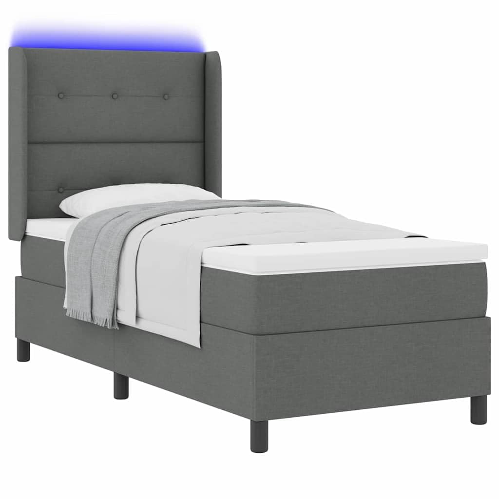 Cama con somier LED gris oscuro con cabecero, 80 x 200 cm, tela, cama de madera maciza con somier y colchón, tiras LED RGB, cabecero ajustable, cama individual compacta para dormitorio