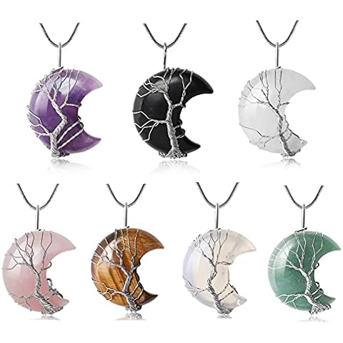 SANSWL Healing Crystal Necklace 7 Pieces Set,Tree of Life Crescent Moon Necklace, Energy Crystal Spiritual jewelry,Handmade Wire Wrap Natural Gemstone Reiki Pendant… Cover