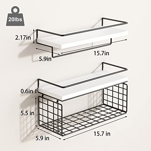 Fixwal 2+1 Tier Wall Mounted Floating Shelves With Wire Storage Basket & Towel Rack, Rustic Wood Bathroom Shelves With Metal Frame, Farmhouse Decor For Kitchen, Bedroom, Living Room(White) #TOP2