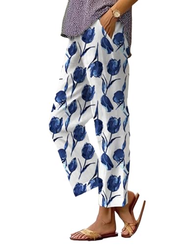 Womens Boho Floral Pants Straight Leg High Waist Trousers with Pockets Summer Casual Elastic Loose Pants for Beach