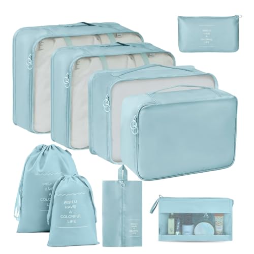 KEAMILES - 9 Set Packing Cubes for Suitcases, Travel Luggage Organizers, with Clothes Storage Bags, Toiletry Bag, Shoe Bag, Underwear Bag, Laundry Bag, Sock Bag, Accessories Bag (Lake Blue)