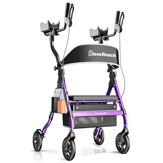 BlessReach Heavy Duty Upright Rollator Walker for Seniors with Seat, 450lb Capacity, 8" All-Terrain Wheels, 6 Height Adjustments, Padded Seat & Backrest, Easy Assembly, Foldable Design, Purple