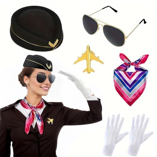FOUTOUKEEP Flight Costume Set Beret Scarf White Gloves Sunglasses Airplane Pin Stewardess Role Play Uniform Party, Halloween Cosplay(Black)