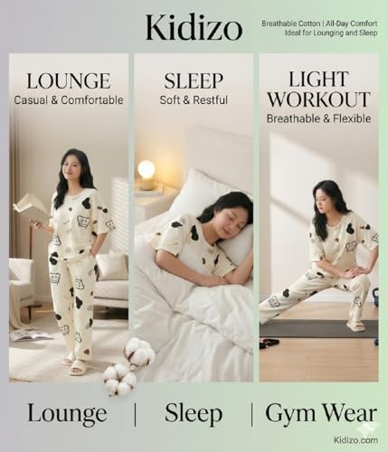 Image of Women Printed T-Shirt and Track Pant Set | Cotton Co-Ord Night Suit for Women | Lounge Wear, Sleepwear, Gym Wear | Half Sleeve Top & Elastic Waist Joggers | Stylish