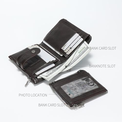 men's buckle, double zipper, leather wallet, detachable card, large capacity, multifunctional coin pocket (Coffee)3