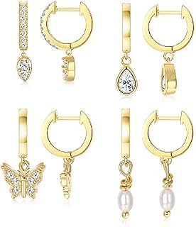 CASSIECA 4 Pairs Womens Earrings Huggie Hoop Earrings for Women Huggie Dangle Earrings Silver Gold Small CZ Pearl Butterfly Drop Earrings Birthday Christmas Gifts for Her
