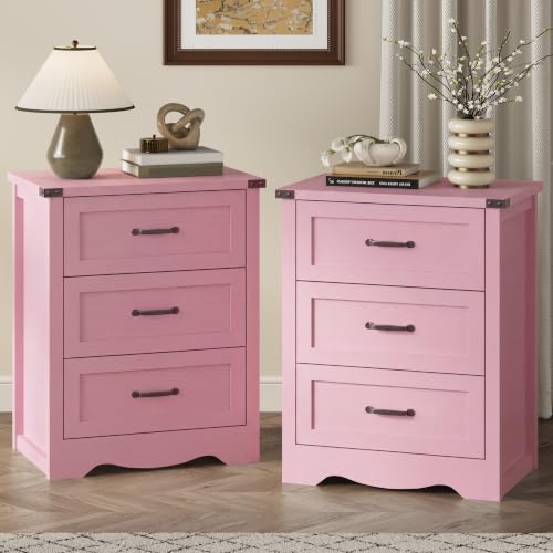 Image of Xixini Nightstand Set of 2 with 3 Storage Drawers, Tall Side Table, Pink