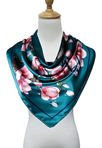 Vabovin 35" Fashion Neckerchief Women's Silk Like Big Satin Square Hair Scarf Accessory (Blue Green Flowers) #TOP2
