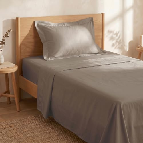 Image of Huesland Premium Pure Cotton Sateen Weave 300 Thread Count Bedsheet for Single Bed with 2 Pillow Covers | Dessert Taupe | 88 x 55 inches