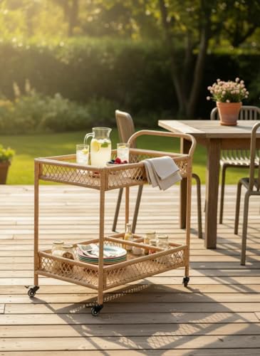 Christopher Knight Home Sador Outdoor PE Wicker Bar Cart, 2-Tier Rolling Serving Trolley with Bottle Rack & Locking Casters, Patio Beverage Cart with Handle & Steel Frame, Natural, 34.8" L