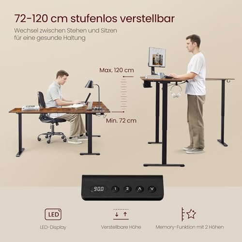 VASAGLE Höhenverstellbarer Schreibtisch, 190 x 155 cm, L-förmiger Eckschreibtisch, Stehtisch, 2 AC-Steckdosen, 2 USB-A-Anschlüsse, Ablage für Steckdosenleiste, für Büro, vintagebraun LSD295KD01