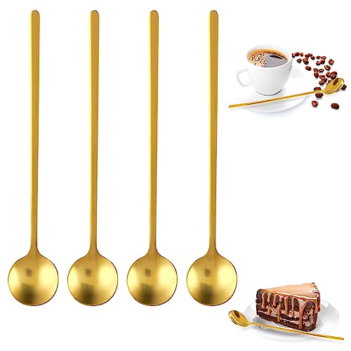 COMNICO Coffee Spoons Stainless Steel Shiny Gold, 6.7 Inches Mini Tea Spoon Set Small Round Espresso Long Handle Spoon Coffee Bar Accessories Decor for Stirring Drinks Mixing Milkshakes, 4 PCS