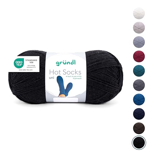 Gründl Wolle Hot Socks uni 100, Sockenwolle / Sockengarn 4-fach 1 Knäuel 100 g / 420 m (75 % Schurwolle (superwash), 25 % Polyamid), schwarz
