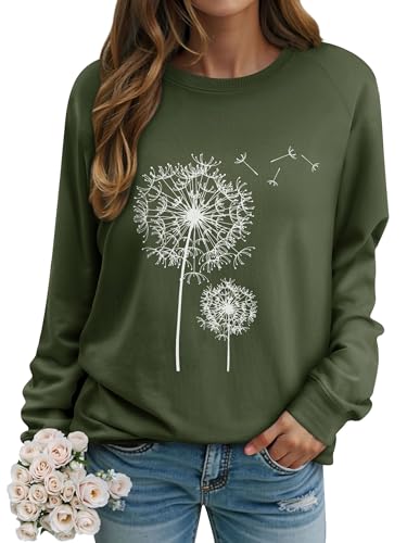 Dresswel Women Dandelion Print Sweatshirt Crew Neck Long Sleeve Tops Basic Jumper Tunic Blouse Shirts(Dark Green, M)