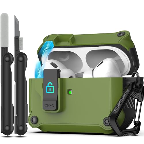 Custodia Compatibile con AirPods Pro 2 con Clip di Blocco di Sicurezza Pop-up Automatica Protettiva Rigida Antiurto per Tutto il Corpo oliva verde