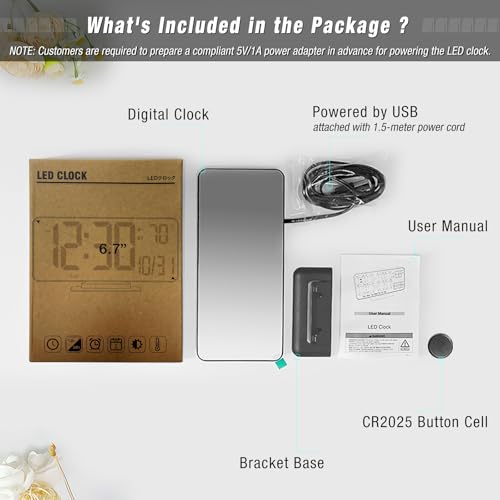 Image of KOSUMOSU Desk Clock 6.7in Black Digital Alarm Clock with Dual Alarm, Dimming, Date, Day of Week, Temp, 12h 24h, Digital LED Clock for Table Decor, Digital Calendar Mirror Clocks Essentials