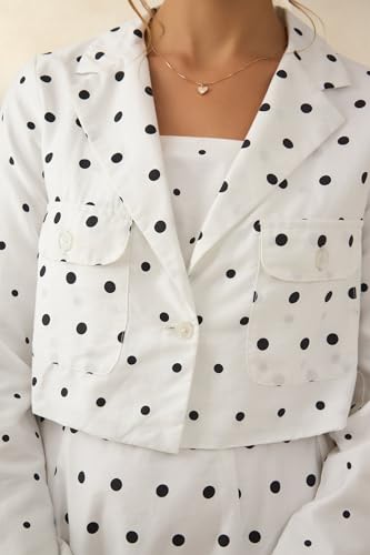 Image of VIRGIO Women's Polka Dot Crop Blazer - 100% Cotton Tailored Fit Cropped Jacket, Lightweight Breathable Cotton Blazer for Women, Casual Wear, Office Wear, Stylish Layering Piece