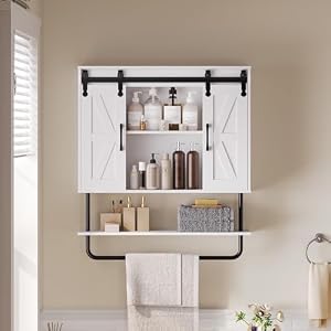 HOOBRO 32.7" Bathroom Wall Cabinet, Farmhouse Medicine Cabinet with 2 Sliding Barn Door, Adjustable Shelf and Towel Bar, Wall Mounted Storage Cabinet Over The Toilet for Bathroom, White and Black HOOBRO 327 Bathroom Wall Cabinet Farmhouse Medicine Cabinet with 2 Sliding Barn Door Adjustable Shelf and Towel Bar Wall Mounted Storage Cabinet Over The Toilet for Bathroom White and Black