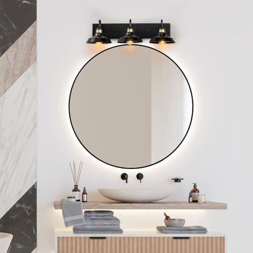Image of Globe Electric 63000199 24 inch 3-Light Vanity Light, Matte Black, Brass Accents, Exposed Bulb, Bathroom /Makeup Mirror, Wall Light