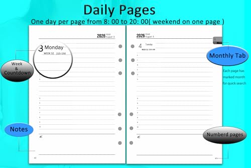 Kalender Einlage 2026-2027 A5, 6 Löcher, 1 Tag pro Seite mit Monatsübersicht, Notizen & Kontakt, Aug 2026 - Jul 2027, Nachfüllpapier für Organizer & Planer, Tageskalender 2026/27, 142x210mm