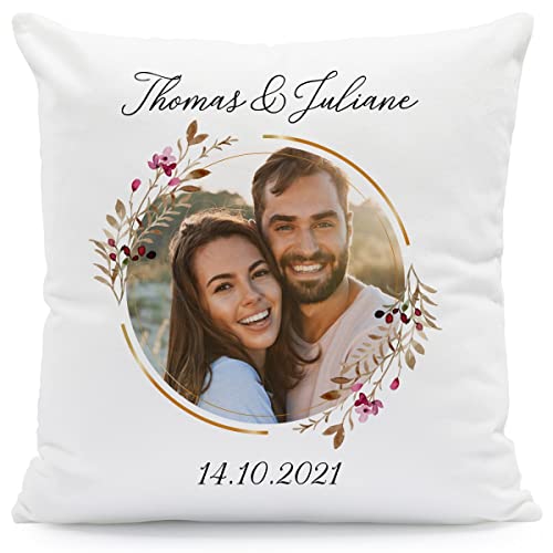 GRAVURZEILE Bedrucktes Kissen mit Foto - Floral Kreis - Personalisiert mit Foto, Namen & Datum - Persönliches Geschenk für Paare zum Valentinstag...
