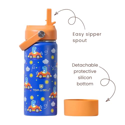 Image of TOM & BELL Insulated Water Bottle for Kids 500ml,Double Wall Water Bottle for School, Sipper Bottle,Hot and Cold, Premium 304 Stainless Steel. (BlueDino, 500ml)
