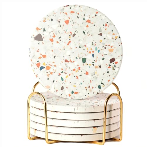 Terrazzo Drink Absorbent Coasters with Holder Set of 6, Ceramic