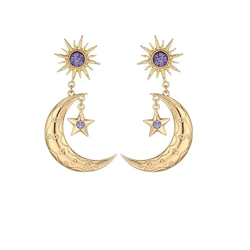 14K Gold Moon Sun Star Earrings for Women Dainty Long Crescent moon Star Asymmetrical Dangle Drop Planet Earrings Fashion Halloween Jewellry Gift (Gold)