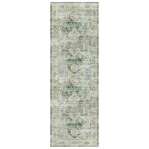 Madane Runner Rug 2'6''x8' Kitchen Runner, Hallway Runner Printed Vintage Washable Rugs Soft Non-Slip Low Pile Runners for Hallways Laundry Room Rug Distressed Rug, Green